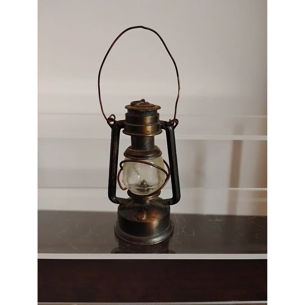 Miniature Hurricane Lantern Decorative Bronze Metal Glass Globe Dollhouse Decor
